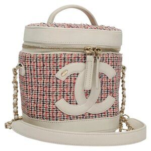 CHANEL Vanity Cosmetic Pouch Tweed Leather 2way Red White CC Auth 108914AM